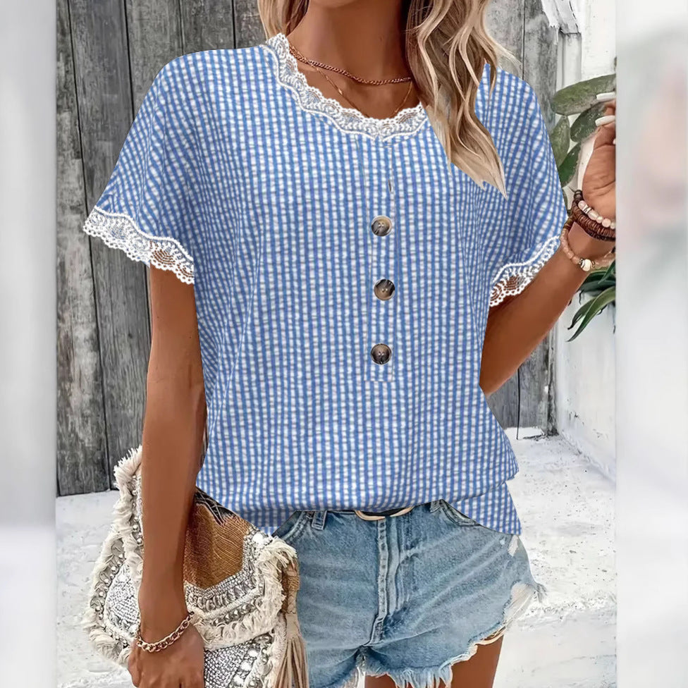 Damen nan kurzärmlige Vichykaro-Bluse mit Spitzenbesatz und dekorativer Knopfleiste Echo Archiv