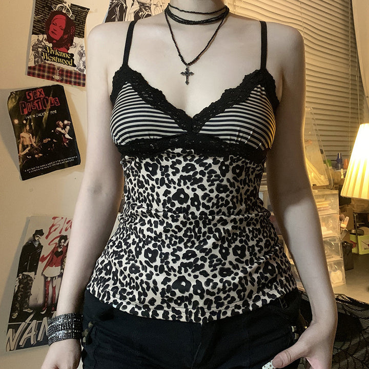 Damen Spaghetti-Trägertop mit elegantem Spitzenbesatz und modernem Leopardenmuster Echo Archiv