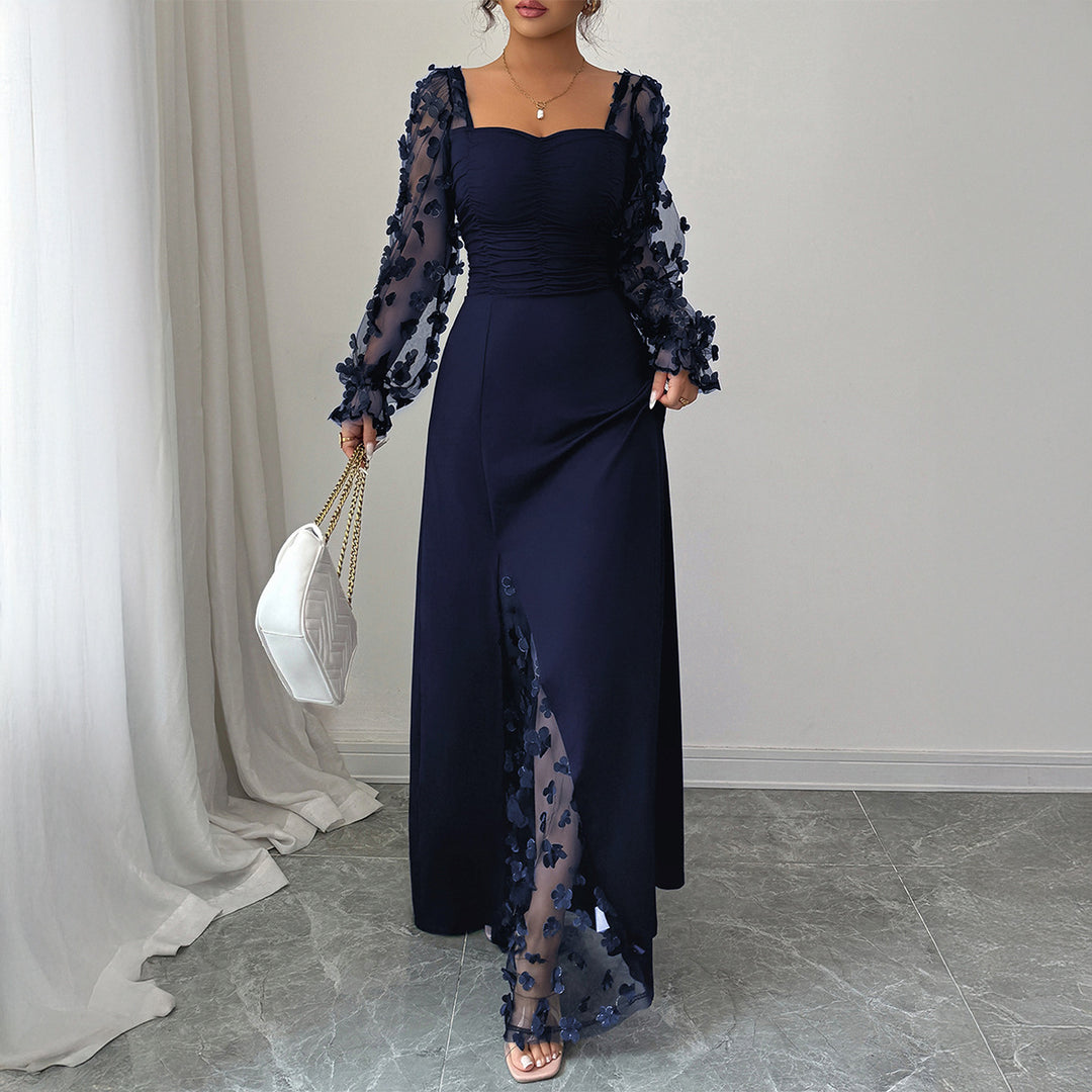 Damen Elegantes Maxikleid mit raffinierten Rüschendetails und transparenter Unterlage Echo Archiv