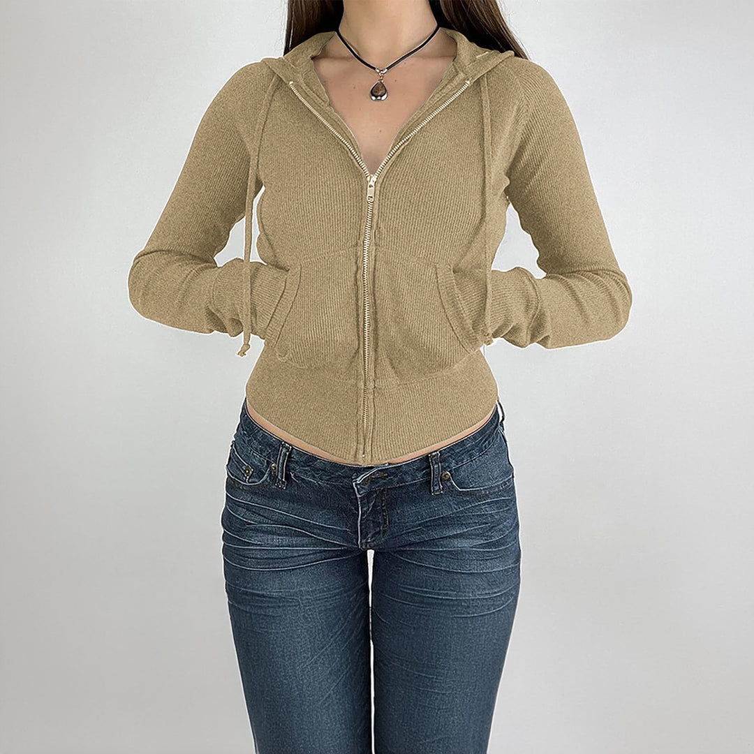 Damen nan schmal geschnittene Feinstrick-Hoodiejacke mit Metallzipper, Kängurutaschen und Daumenlochbündchen Echo Archiv