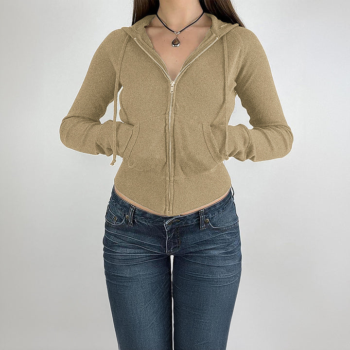 Damen nan schmal geschnittene Feinstrick-Hoodiejacke mit Metallzipper, Kängurutaschen und Daumenlochbündchen Echo Archiv