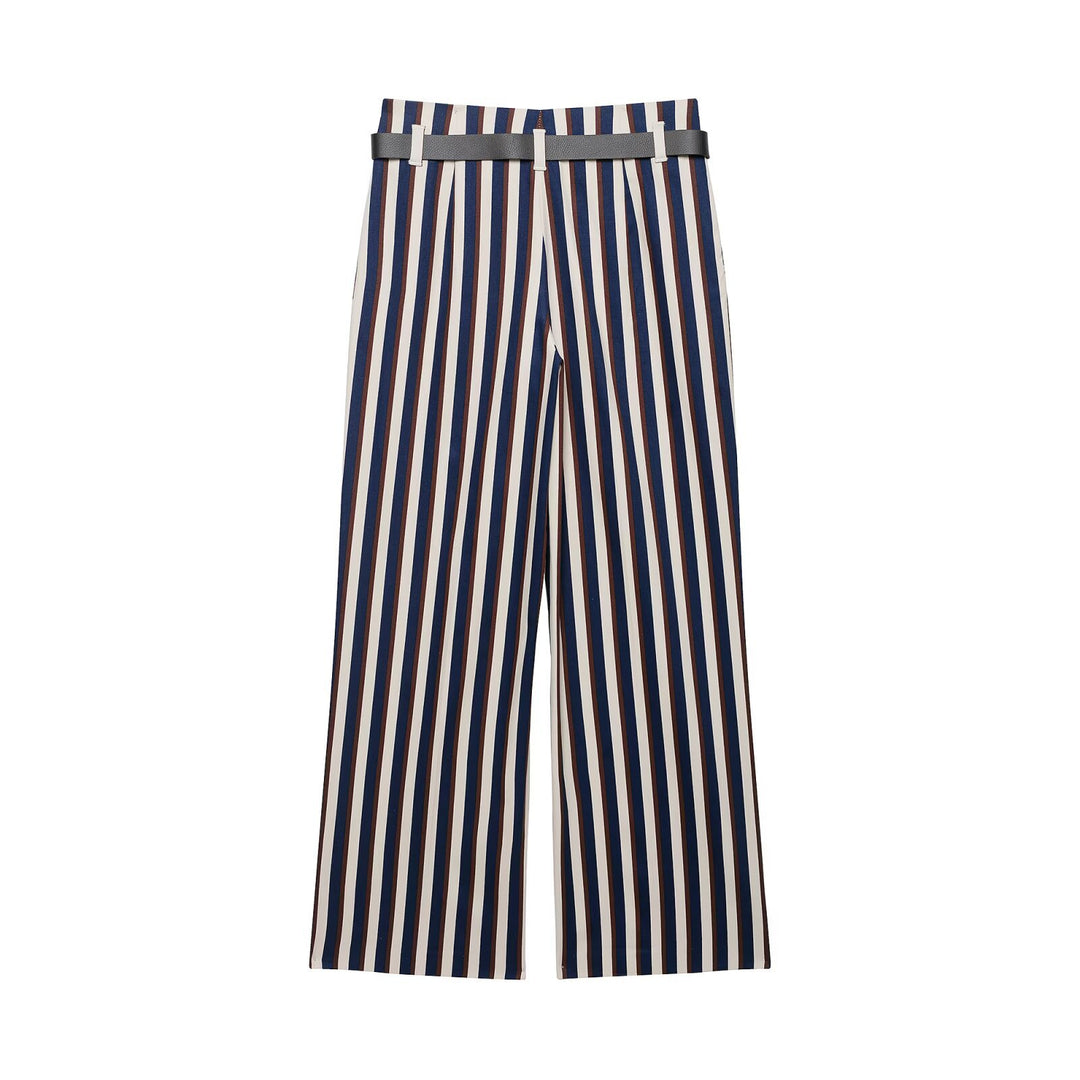 Damen Weite High‑Waist Culotte‑Hose mit verticalem Streifenmuster und Ziergürtel Echo Archiv