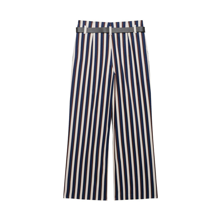 Damen Weite High‑Waist Culotte‑Hose mit verticalem Streifenmuster und Ziergürtel Echo Archiv