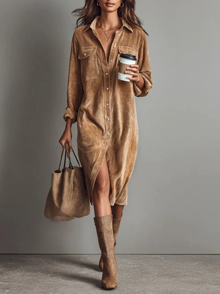 Damen Hemdblusenkleid aus Cord mit Brusttaschen, Knopfleiste und Schlitze Echoarchiv