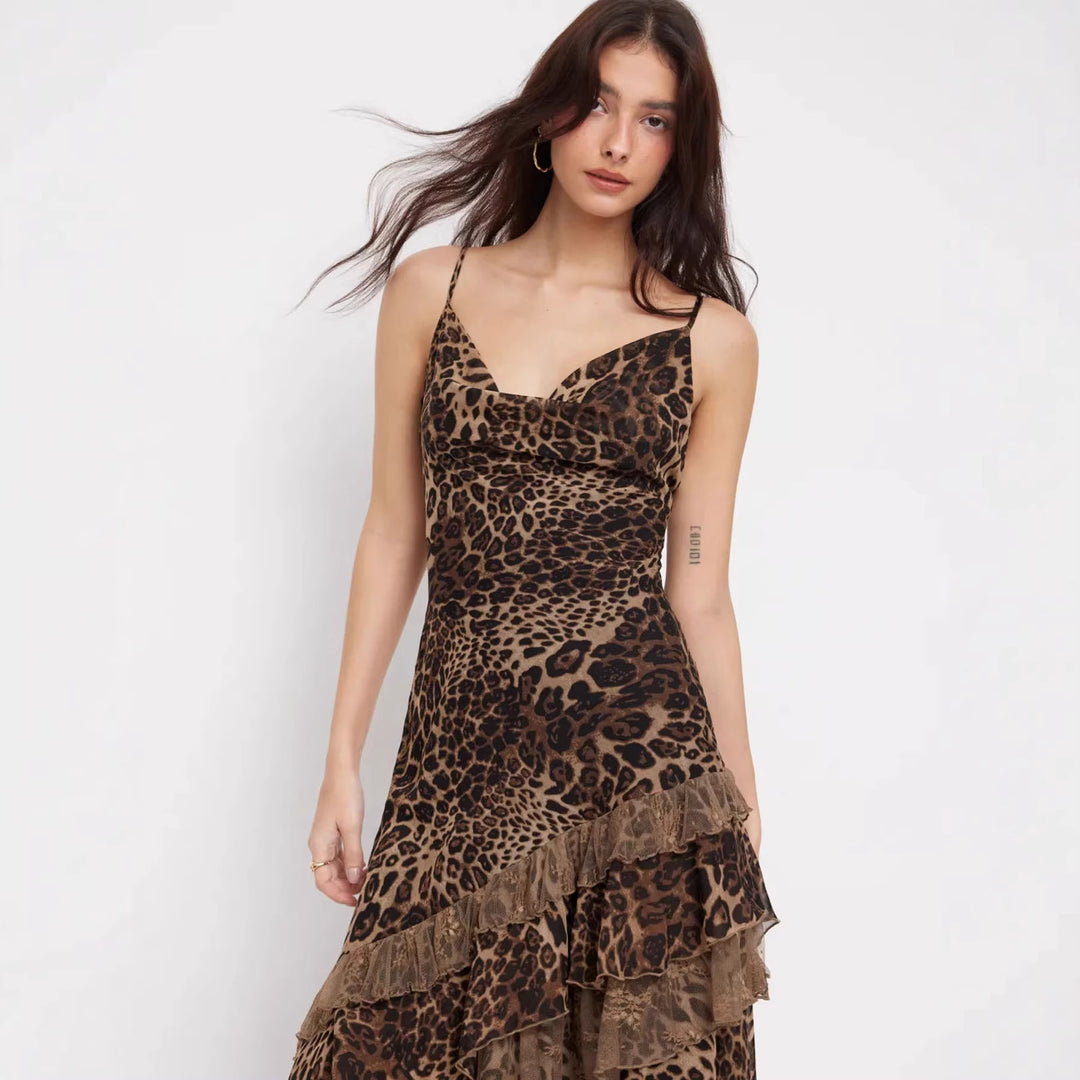 Damen elegantes Midikleid mit asymmetrischem Volant und Animal-Print Echo Archiv