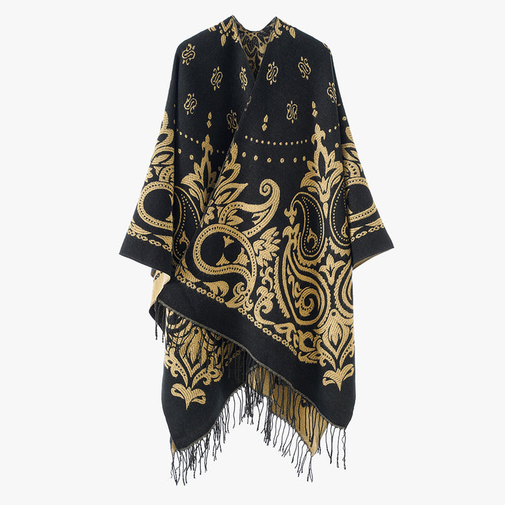 Damen Opulenter Jacquard‑Poncho im Kaftan‑Stil mit Fransen und Paisley‑Relief Echo Archiv