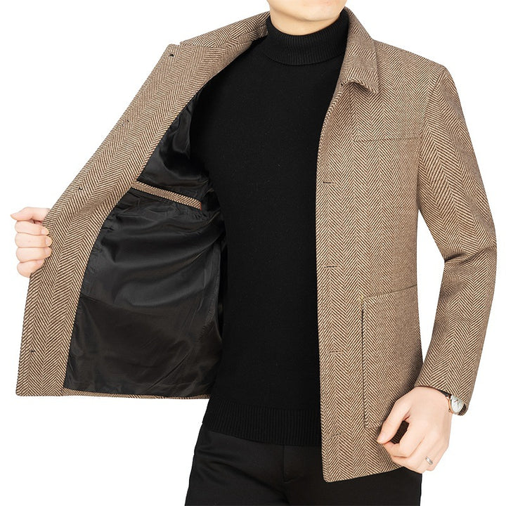 Herren Fischgrät-Übergangsjacke mit Stehkragen und aufgesetzten Taschen – Taviero