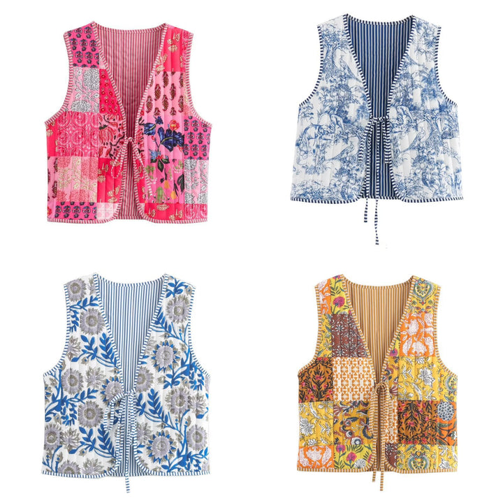 Damen Gesteppte Weste mit Toile‑Print, gestreifter Innenverarbeitung und Kordelbindung Echo Archiv