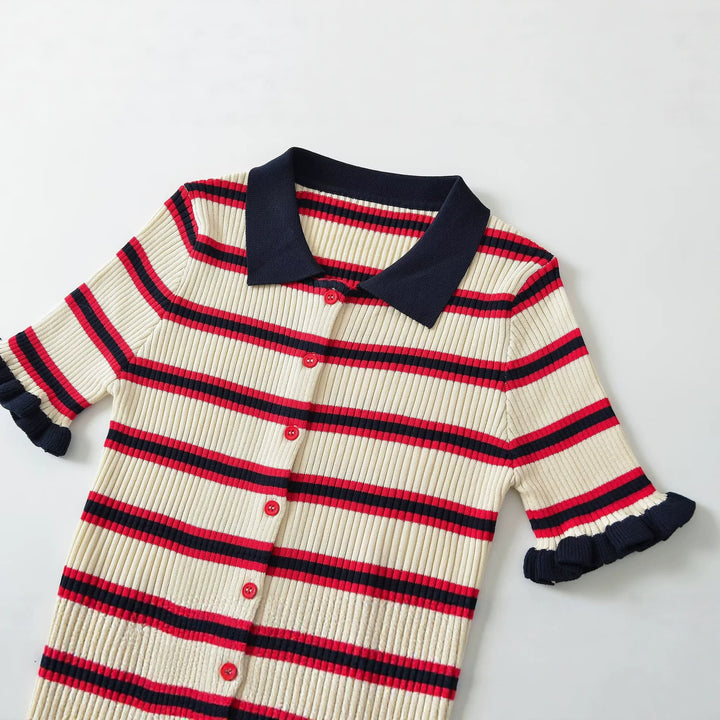 Damen Gerippte Kurzarm-Polokragen-Strickjacke mit Volantbündchen Echo Archiv