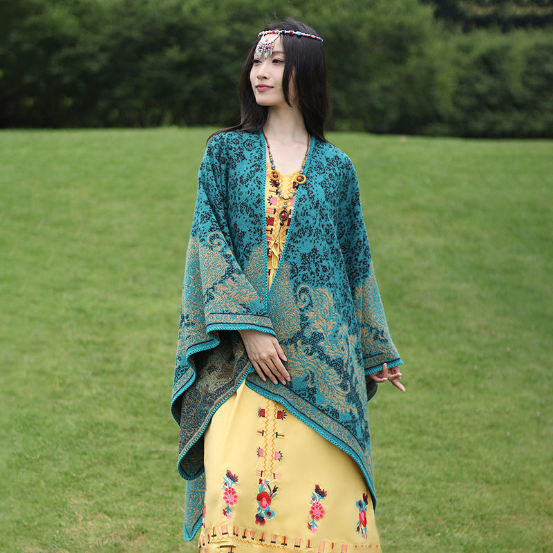 Damen Jacquard‑Ruana mit floraler Bordüre und offenem Oversize‑Schnitt – Avérine
