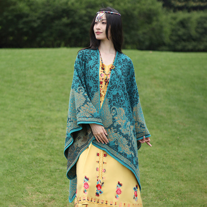 Damen Jacquard‑Ruana mit floraler Bordüre und offenem Oversize‑Schnitt – Avérine