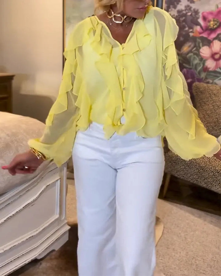 Damen nan semitransparente Lagenvolant-Bluse aus Chiffon mit Ballonärmeln und verdeckter Knopfleiste Echo Archiv