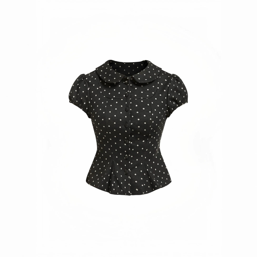 Damen Karo-Bluse mit Bubikragen, Taillierter Peplum-Silhouette und Puffärmeln – Élovi