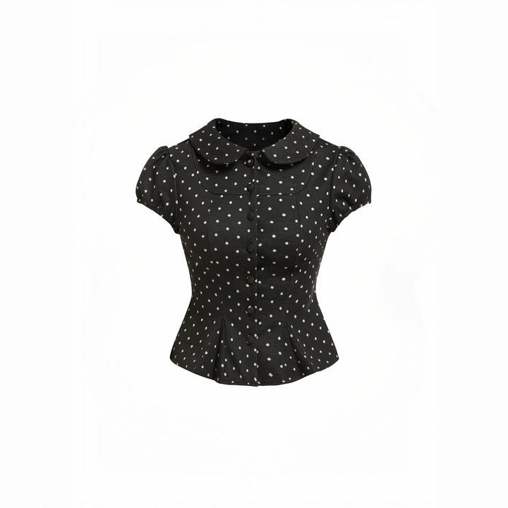 Damen Karo-Bluse mit Bubikragen, Taillierter Peplum-Silhouette und Puffärmeln – Élovi