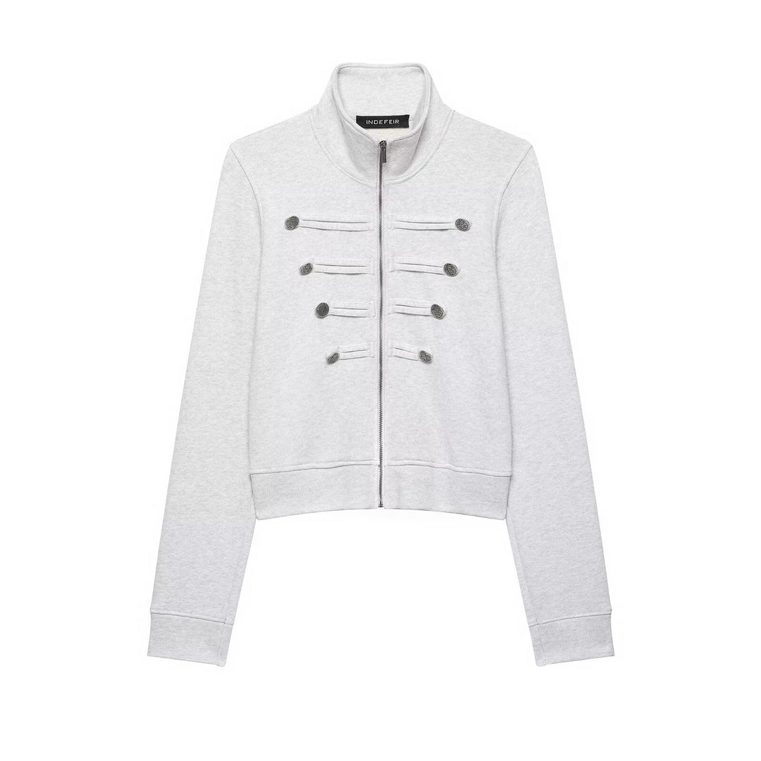 Damen Kurze Sweatjacke im Militärstil mit Stehkragen und dekorativer Knopfleiste Echo Archiv