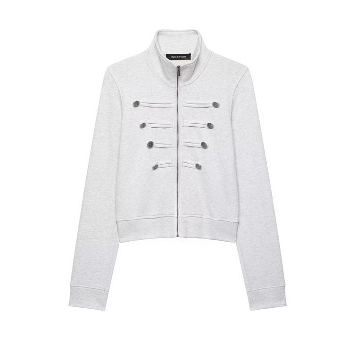 Damen Kurze Sweatjacke im Militärstil mit Stehkragen und dekorativer Knopfleiste Echo Archiv