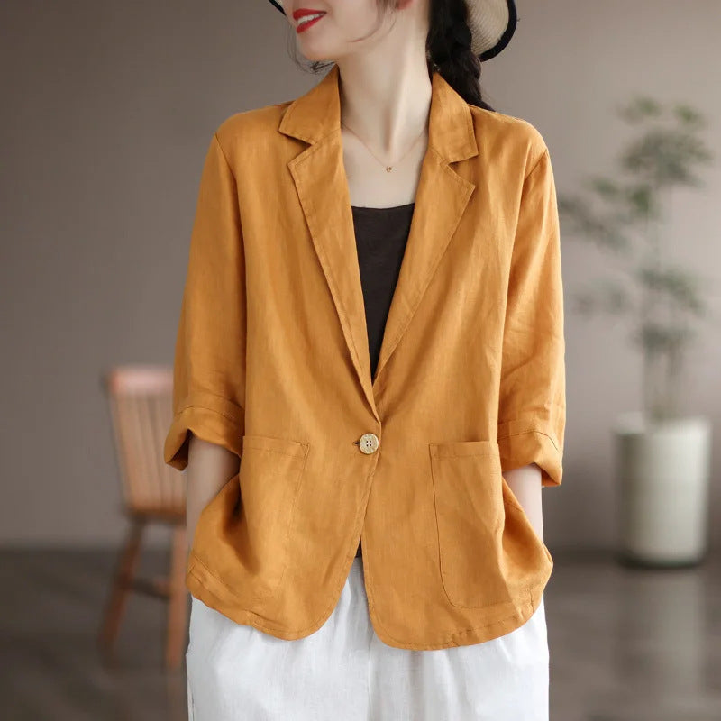 Damen Lässiger Leinenblazer mit breiten Ärmeln und Knopfverschluss – Célinea