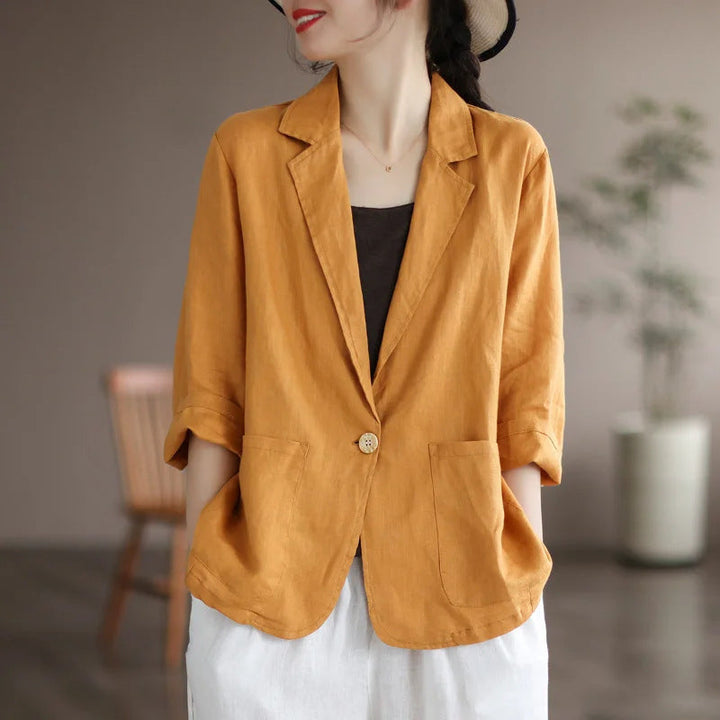 Damen Lässiger Leinenblazer mit breiten Ärmeln und Knopfverschluss – Célinea