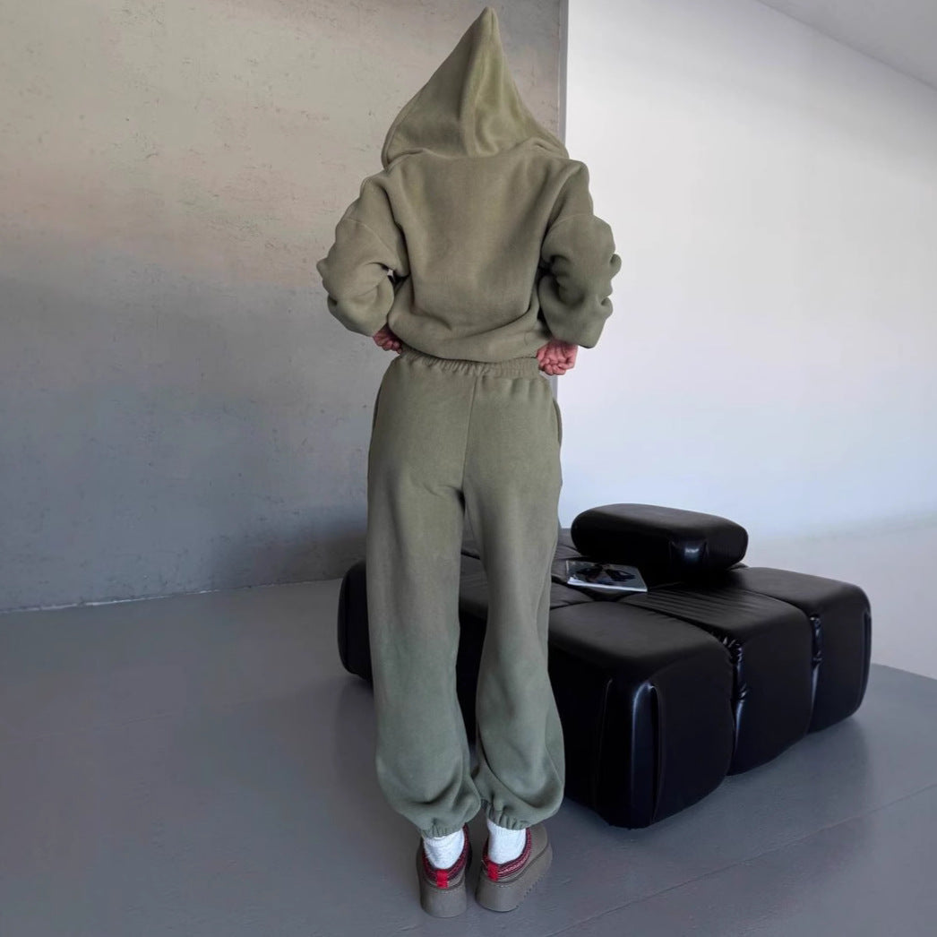 Damen kuscheliges Fleece-Hoodie und Jogginghose Lounge-Set mit Reißverschluss Kapuze elastischem Bund – Auréline