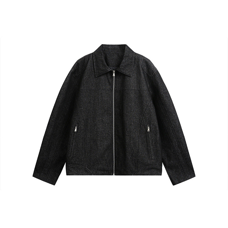 Herren Boxy-Überjacke mit Vintage-Denim-Optik, durchgehendem Metallreißverschluss und seitlichen Zipper-Taschen Echoarchiv