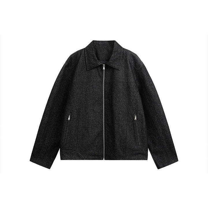 Herren Boxy-Überjacke mit Vintage-Denim-Optik, durchgehendem Metallreißverschluss und seitlichen Zipper-Taschen Echoarchiv