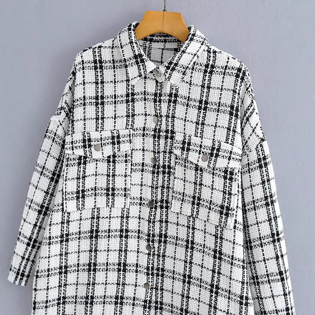 Damen Oversized Tweed-Hemdjacke mit Brusttaschen und fransigem Saum Echo Archiv