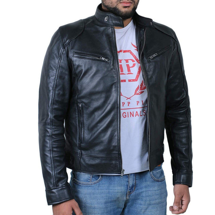Herren Bikerjacke aus hochwertigem Leder mit kontrastierenden Nähten Echoarchiv