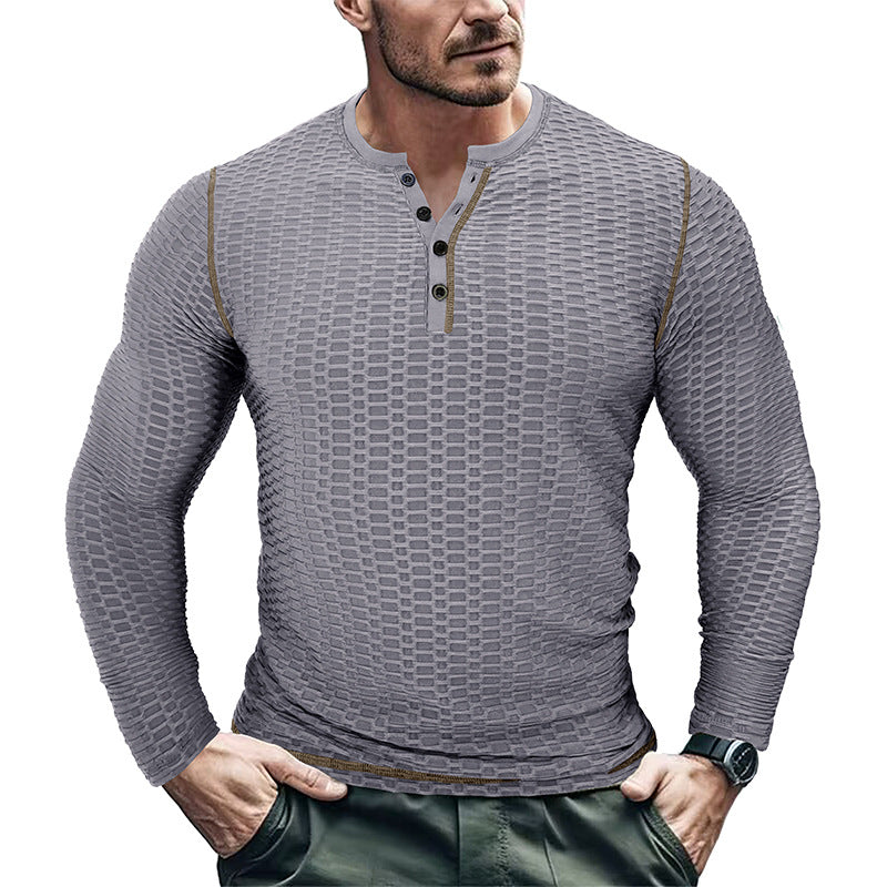 Herren Langarm-Henley-Shirt mit strukturiertem Gewebe und Kontrastnähten Echoarchiv