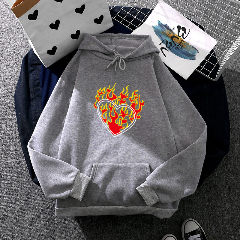 Damen leichter Oversize Kapuzenpullover mit Herz‑EKG‑Motiv, langen Kordeln und elastischem Bund – Auréline