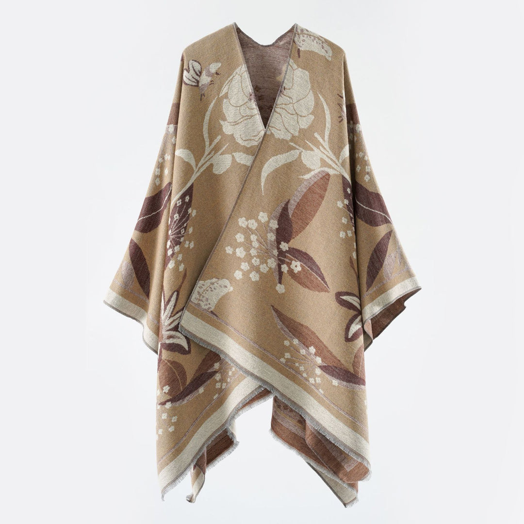 Damen Floraler Jacquard-Überwurf im kastigen Kimono-Fall mit feiner Fransenkante – Célinea