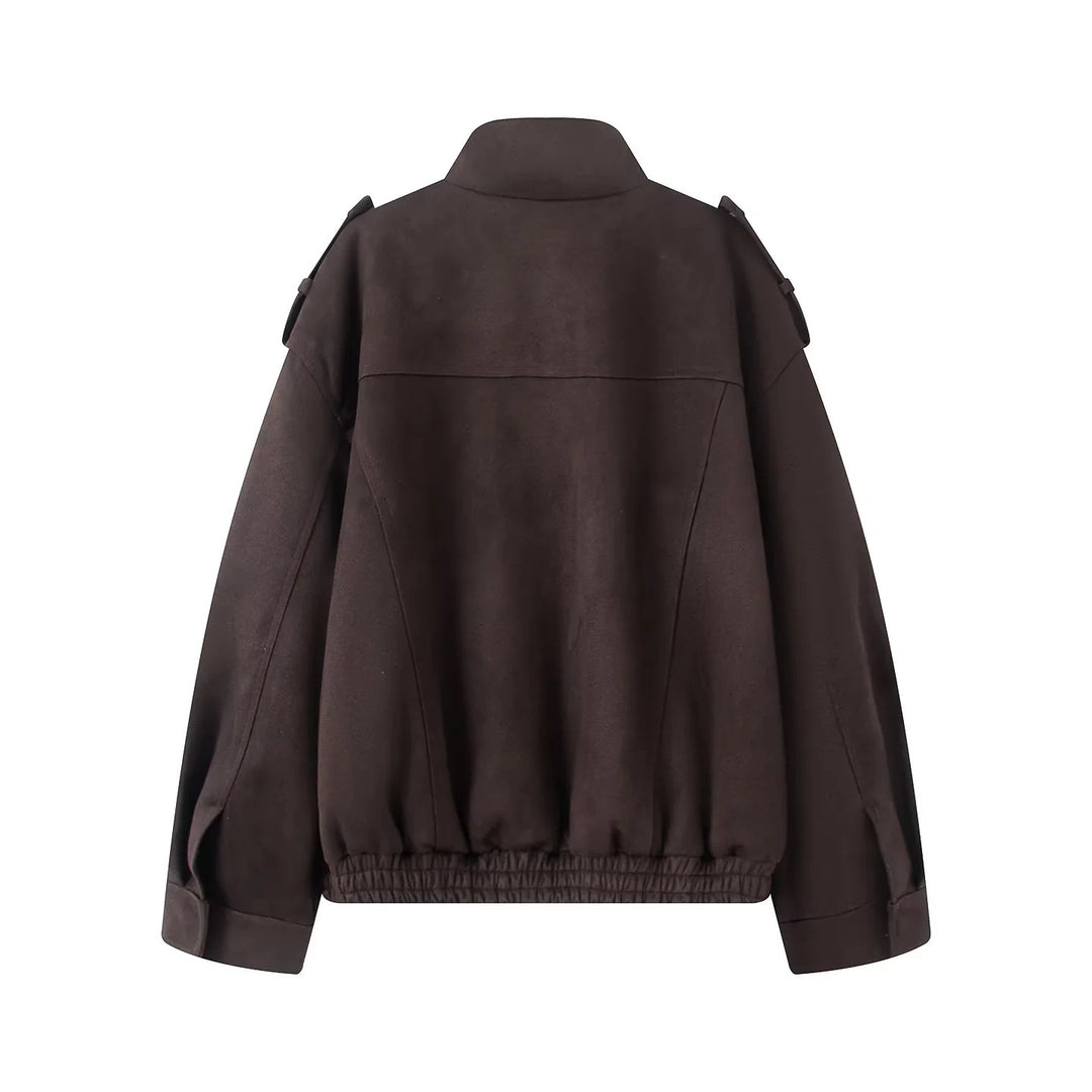 Damen kastiger Wollmix-Bomber mit Schulterklappen, Pattentaschen und elastischem Saum – Avenza