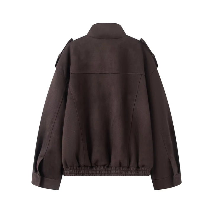 Damen kastiger Wollmix-Bomber mit Schulterklappen, Pattentaschen und elastischem Saum – Avenza