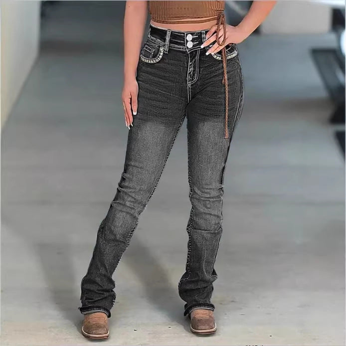Damen Hochtaillierte Slim‑Straight Jeans mit V‑förmigem Bund und Superstretch-Denim Echo Archiv