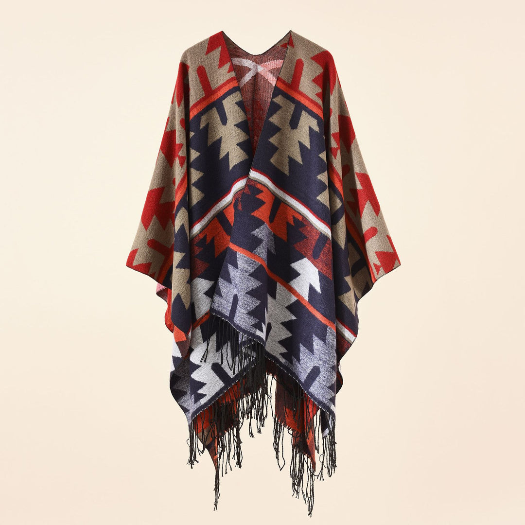 Damen Oversize-Ruana mit V‑Ausschnitt, grobem Jacquardmuster und langen Fransen Echo Archiv