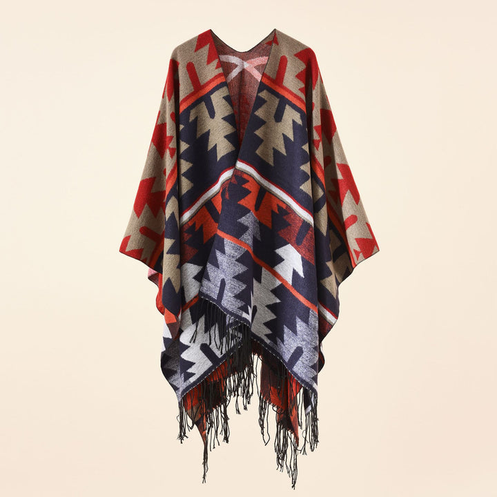Damen Oversize-Ruana mit V‑Ausschnitt, grobem Jacquardmuster und langen Fransen Echo Archiv