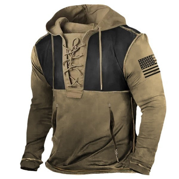 Herren Kapuzenpullover mit angesagtem Schnürdetail und amerikanischem Flaggenmotiv Echoarchiv