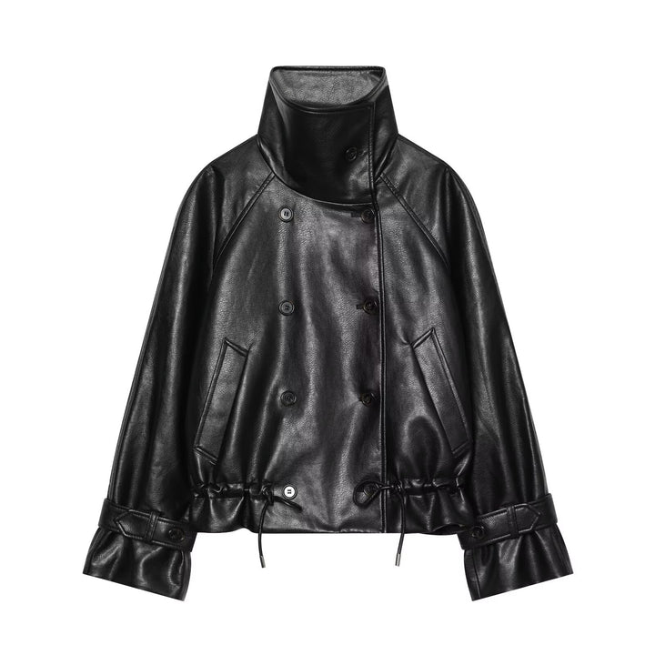 Damen Kurze Lederimitat-Jacke mit hohem Stehkragen, Doppelreihe und Kordelzugbund Echoarchiv