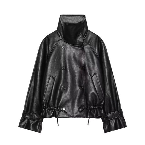 Damen Kurze Lederimitat-Jacke mit hohem Stehkragen, Doppelreihe und Kordelzugbund Echoarchiv