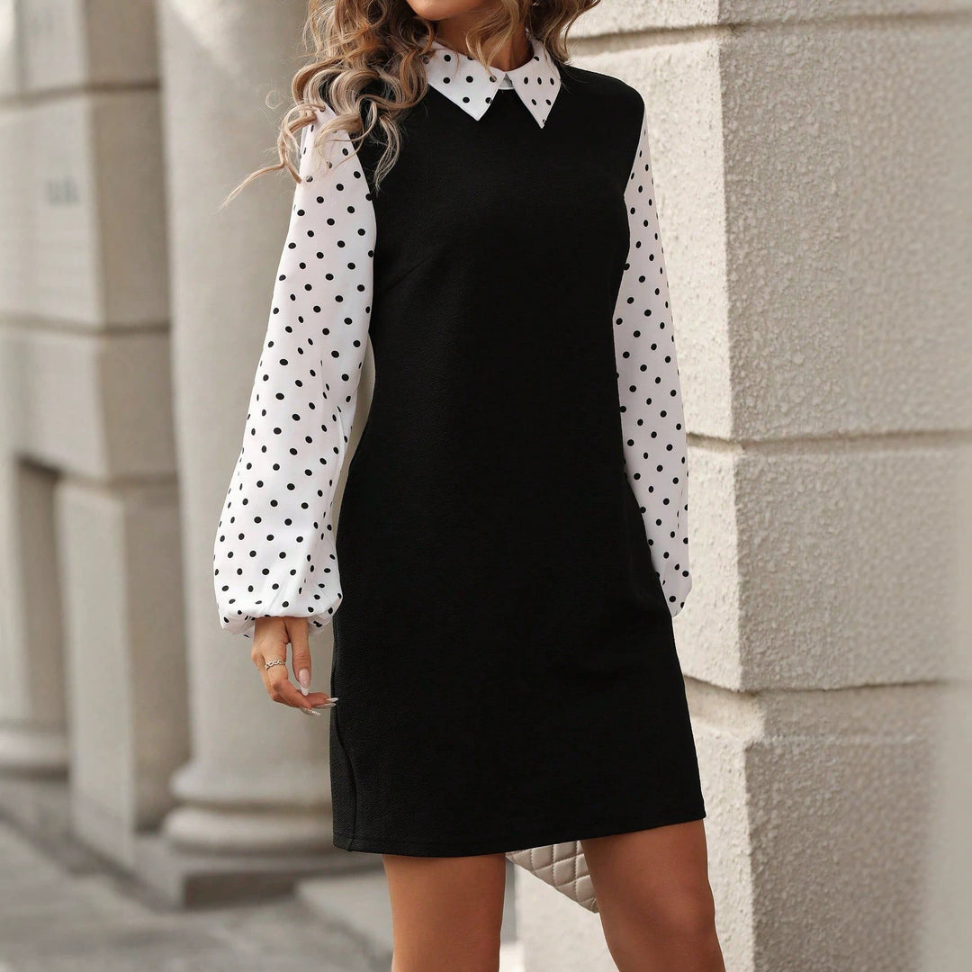 Damen Kontrastblusenkleid mit gepufften Polka-Dot-Ärmeln und Hemdkragen Echoarchiv