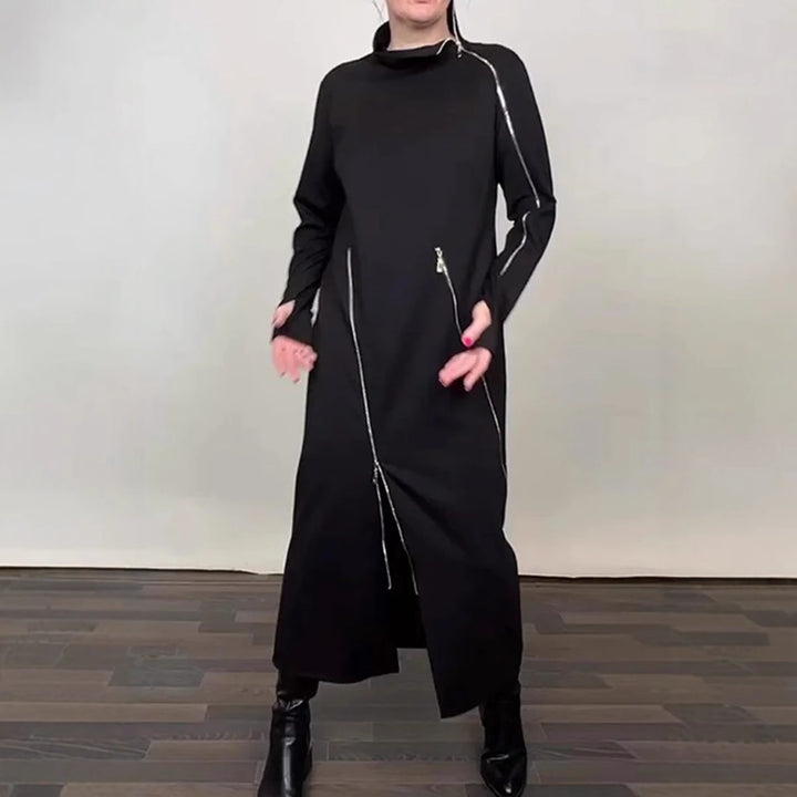Damen nan langes Strickkleid mit asymmetrischen Metallreißverschlüssen und Frontschlitz Echo Archiv