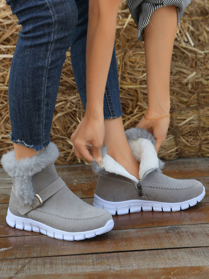Damen Gefütterte Ankle-Boots aus Wildlederoptik mit Kunstfellkragen, seitlichem Reißverschluss und leichter Profilsohle – Varelle