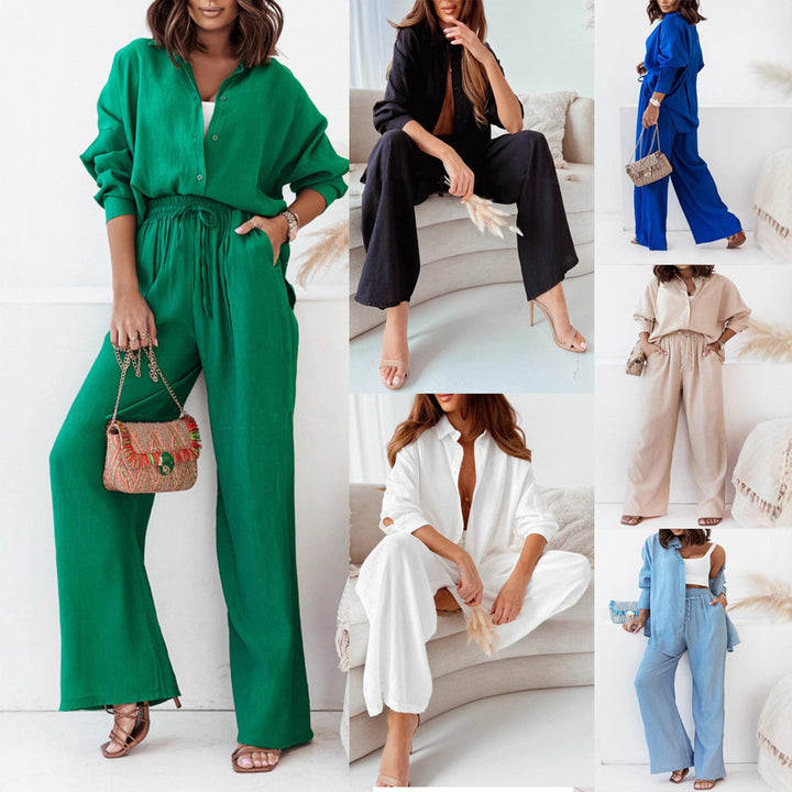 Damen Crinkle-Lounge-Set mit oversized Hemdbluse und weiten Palazzo-Hosen Echoarchiv