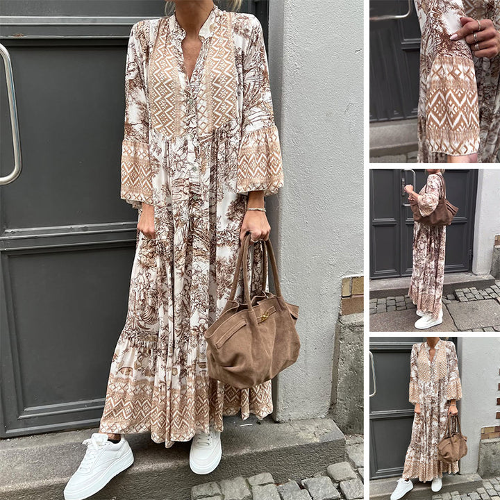 Damen nan Stufenmaxikleid mit Ethno-Bordüre, Stehkragen und weiten Glockenärmeln Echo Archiv
