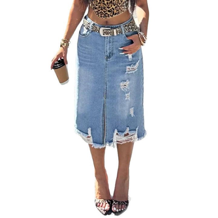 Damen Denim-Midirock mit Fransen Frontschlitz und Used-Effekten Echo Archiv
