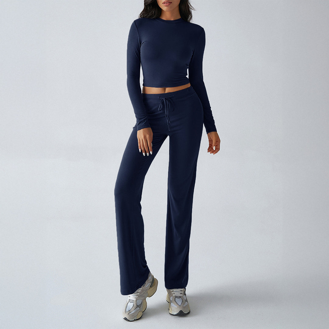 Damen nan tailliertes Longsleeve-Crop-Top und weite Lounge-Hose im Zweiteiler-Set aus Stretchjersey Echo Archiv