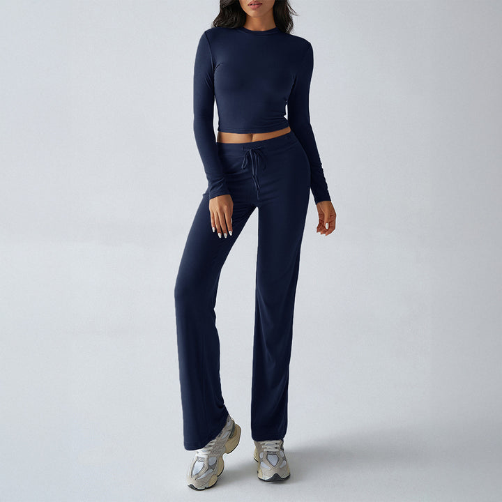 Damen nan tailliertes Longsleeve-Crop-Top und weite Lounge-Hose im Zweiteiler-Set aus Stretchjersey Echo Archiv