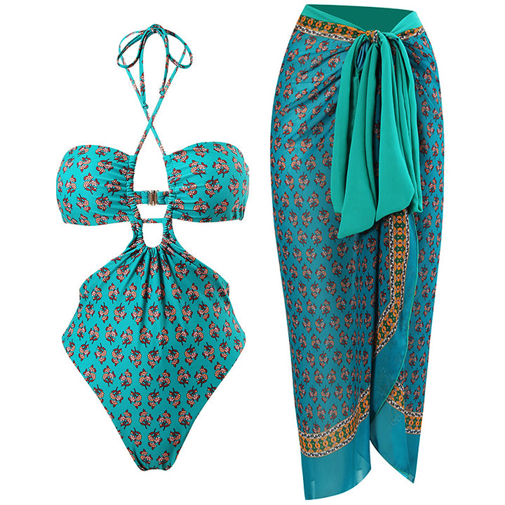 Damen Bandeau-Bikini mit floralen Akzenten und leichtem Wickelrock Echo Archiv