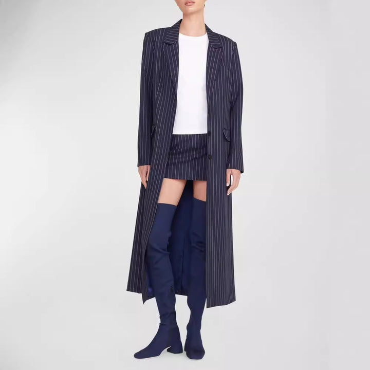 Damen Oversize Longline-Mantel im Nadelstreifen-Look mit Schlitz und Pattentaschen Echoarchiv