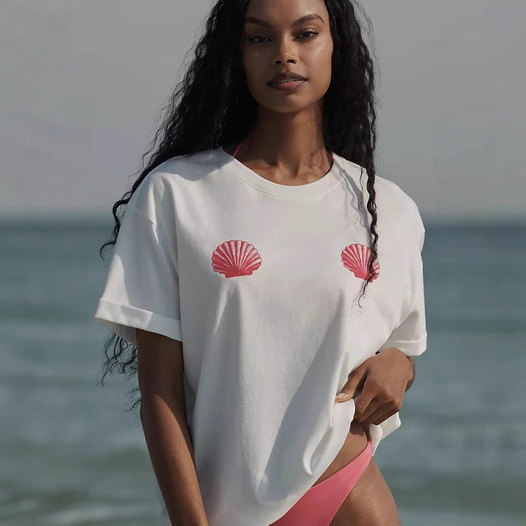 Damen lässiges T-Shirt mit maritimem Muschel-Print und lockerer Passform Echo Archiv