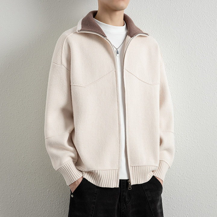 Herren Strick-Zipjacke mit Kontrastkragen und Rippbündchen Echoarchiv